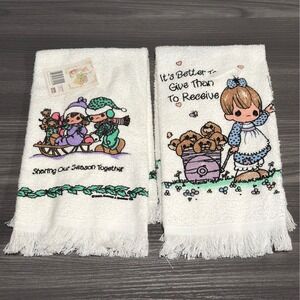 Vtg Precious Moments‎ Hand Towels Set of 2 Leshner Mills White Fringe USA 1990